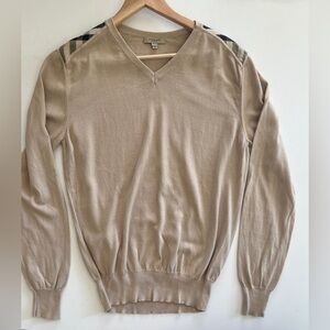Burberry Tan V-Neck Sweater with Plaid Accents